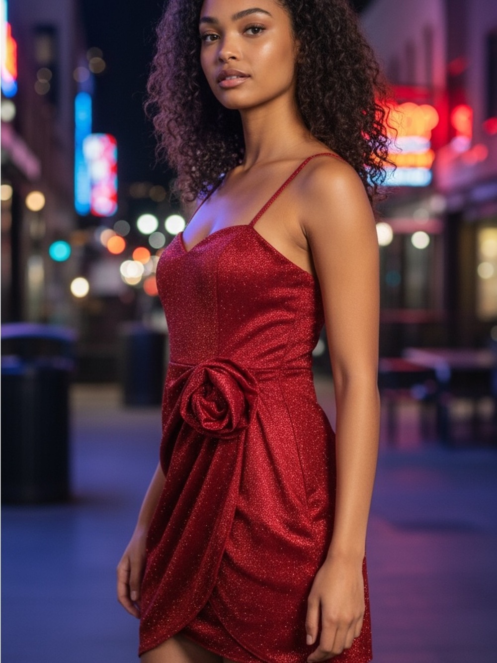 Elegant Red Sparkle Spaghetti-Strap Dress with Rosette
